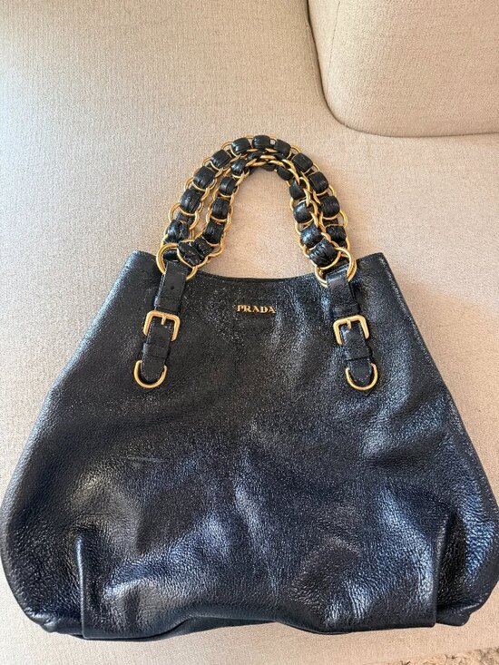 Prada Handbags - Prada Cervo Lux Leather Chain Tote - Black/gold